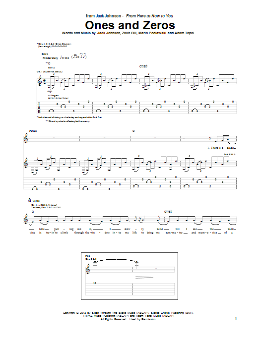 Download Jack Johnson Ones And Zeros Sheet Music and learn how to play Guitar Tab PDF digital score in minutes