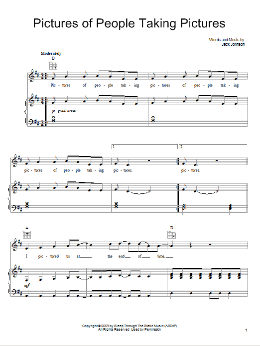Download Jack Johnson Pictures Of People Taking Pictures Sheet Music and learn how to play Piano, Vocal & Guitar (Right-Hand Melody) PDF digital score in minutes