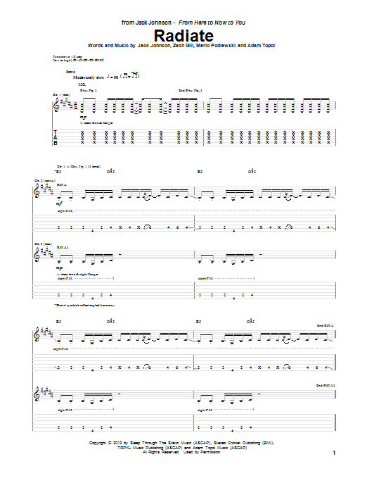 Download Jack Johnson Radiate Sheet Music and learn how to play Guitar Tab PDF digital score in minutes