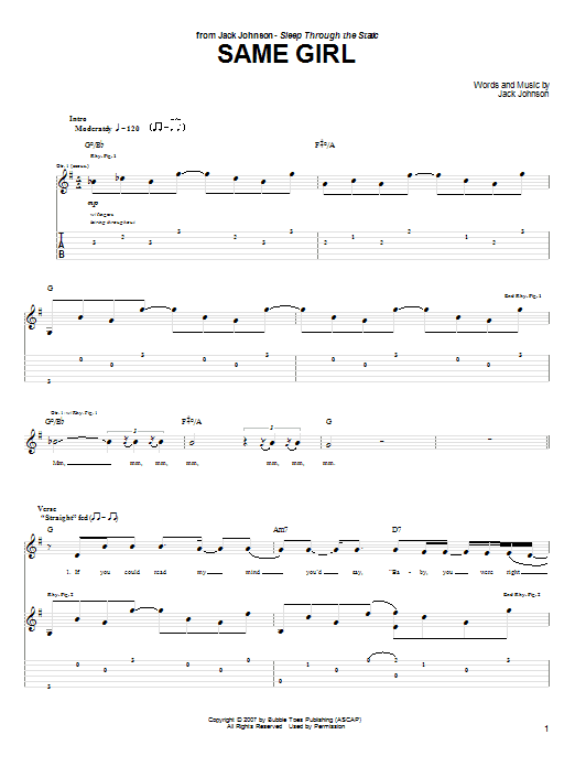 Download Jack Johnson Same Girl Sheet Music and learn how to play Guitar Tab PDF digital score in minutes