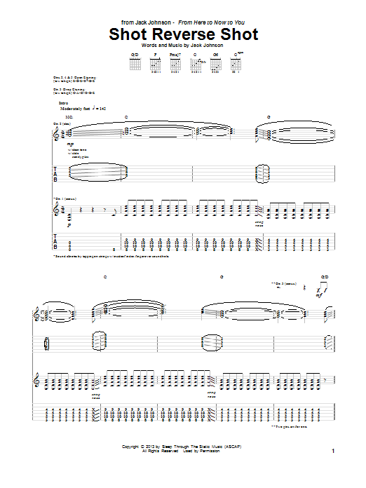 Download Jack Johnson Shot Reverse Shot Sheet Music and learn how to play Guitar Tab PDF digital score in minutes