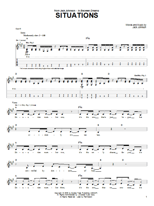 Download Jack Johnson Situations Sheet Music and learn how to play Lyrics & Chords PDF digital score in minutes