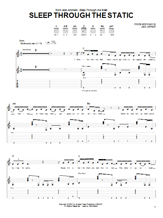 Download Jack Johnson Sleep Through The Static Sheet Music and learn how to play Piano, Vocal & Guitar (Right-Hand Melody) PDF digital score in minutes
