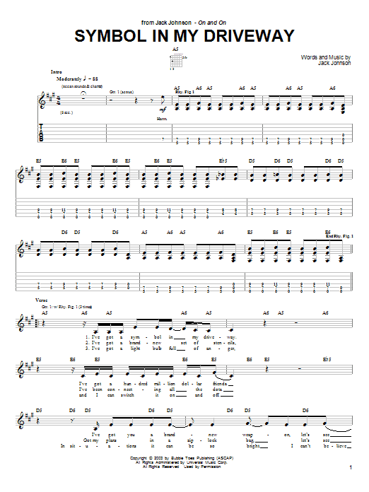 Download Jack Johnson Symbol In My Driveway Sheet Music and learn how to play Guitar Tab PDF digital score in minutes
