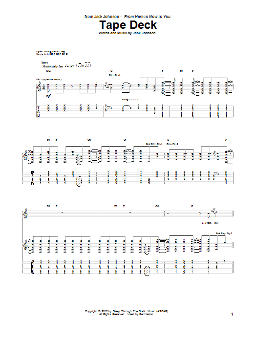 Download Jack Johnson Tape Deck Sheet Music and learn how to play Guitar Tab PDF digital score in minutes