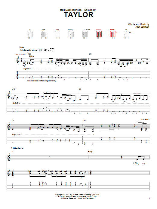 Download Jack Johnson Taylor Sheet Music and learn how to play Ukulele with strumming patterns PDF digital score in minutes