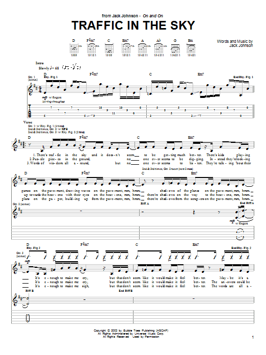 Download Jack Johnson Traffic In The Sky Sheet Music and learn how to play Guitar Tab PDF digital score in minutes