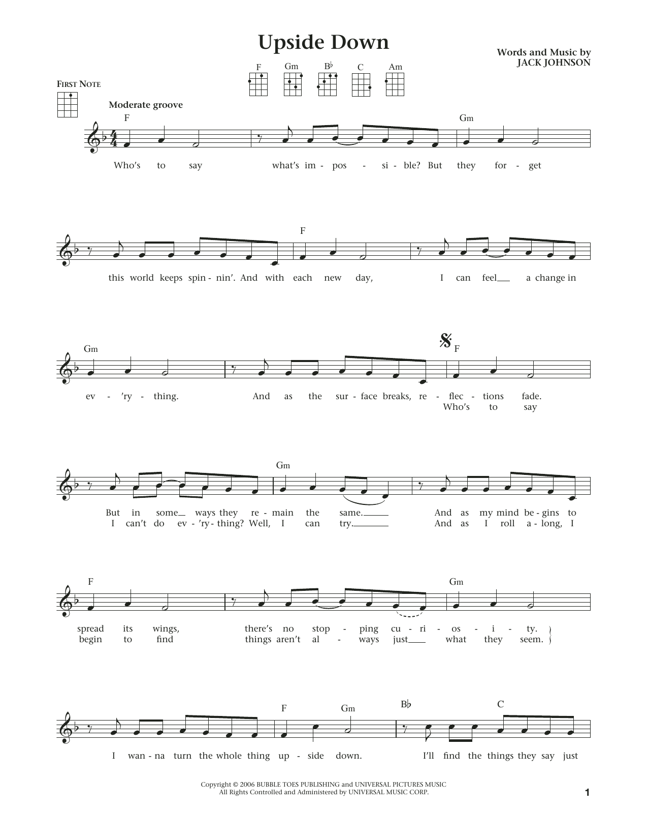 Download Jack Johnson Upside Down Sheet Music and learn how to play Ukulele PDF digital score in minutes
