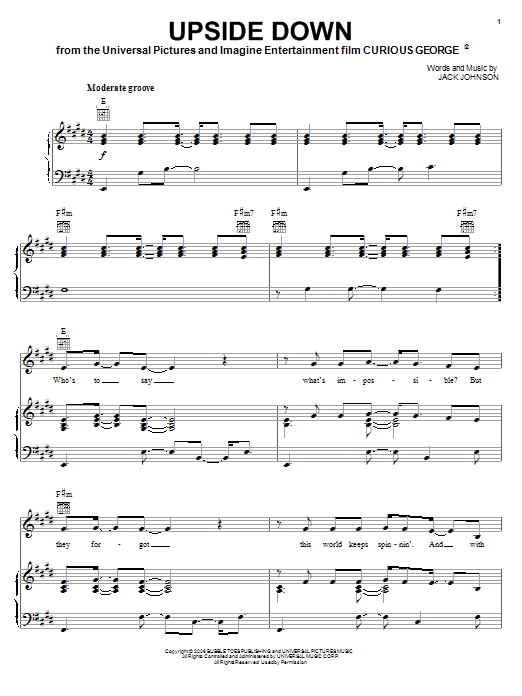 Download Jack Johnson Upside Down Sheet Music and learn how to play Easy Guitar Tab PDF digital score in minutes
