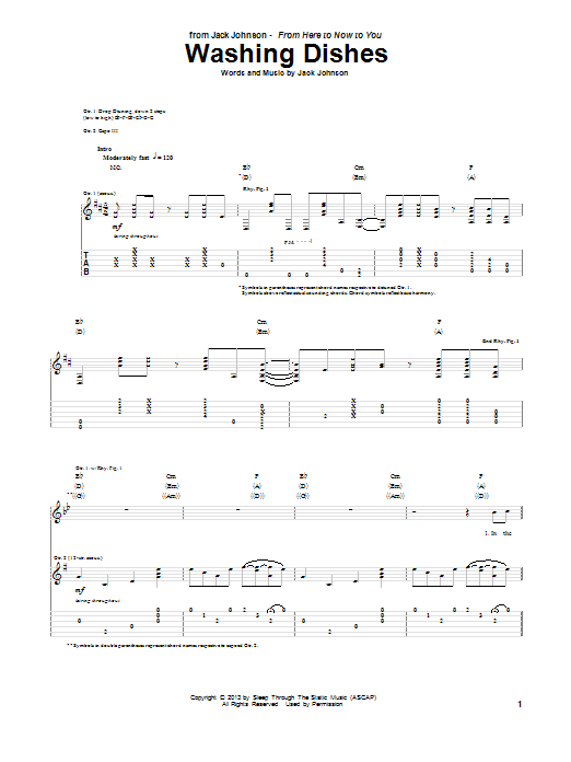 Download Jack Johnson Washing Dishes Sheet Music and learn how to play Easy Guitar Tab PDF digital score in minutes