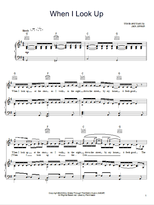 Download Jack Johnson When I Look Up Sheet Music and learn how to play Piano, Vocal & Guitar (Right-Hand Melody) PDF digital score in minutes