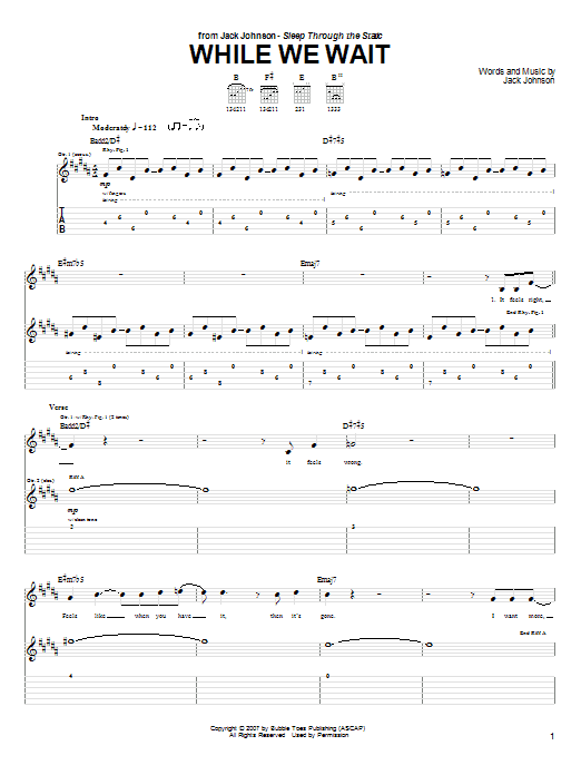Download Jack Johnson While We Wait Sheet Music and learn how to play Guitar Tab PDF digital score in minutes