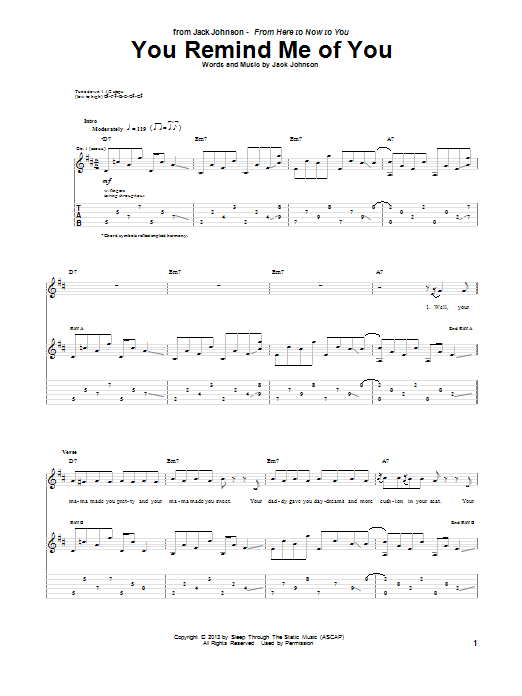 Download Jack Johnson You Remind Me Of You Sheet Music and learn how to play Guitar Tab PDF digital score in minutes