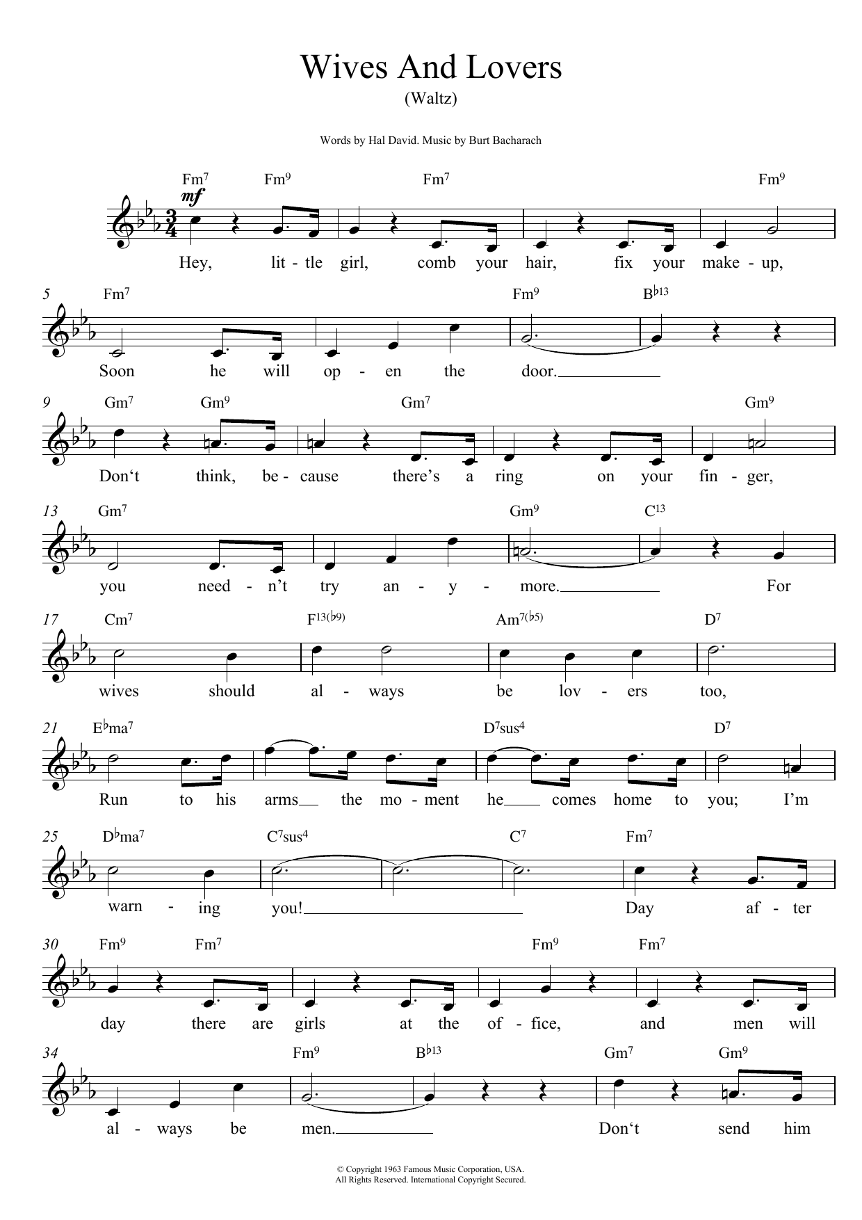 Download Burt Bacharach Wives And Lovers (Hey, Little Girl) Sheet Music and learn how to play Lead Sheet / Fake Book PDF digital score in minutes