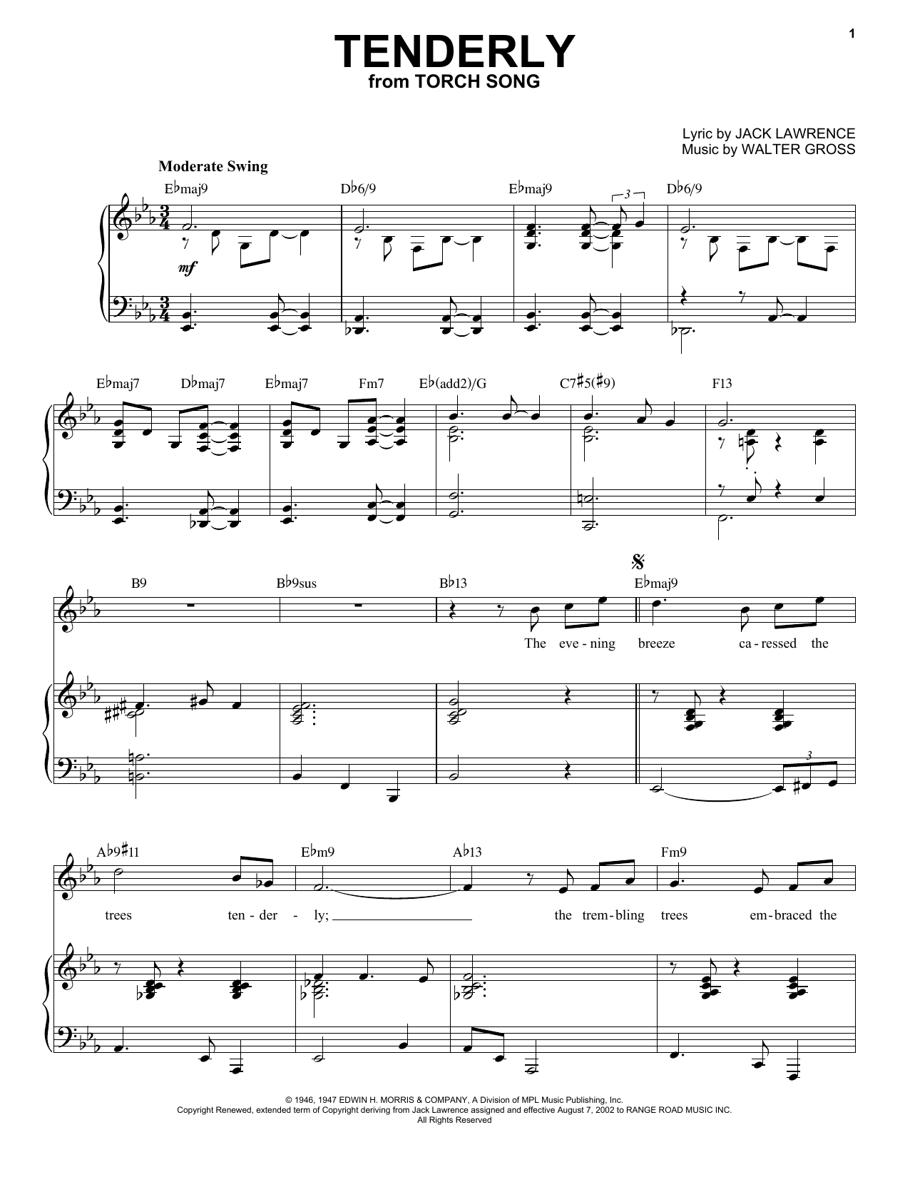 Download Jack Lawrence and Walter Gross Tenderly [Jazz version] (arr. Brent Edstrom) Sheet Music and learn how to play Piano & Vocal PDF digital score in minutes