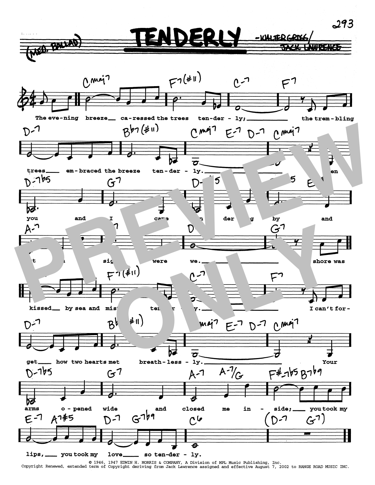 Download Jack Lawrence Tenderly (Low Voice) Sheet Music and learn how to play Real Book – Melody, Lyrics & Chords PDF digital score in minutes