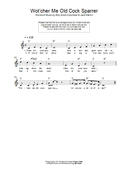 Download Jack Martin Wot'cher Me Old Cock Sparrer Sheet Music and learn how to play Melody Line, Lyrics & Chords PDF digital score in minutes