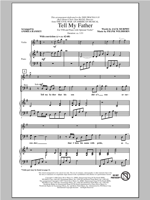 Download Frank Wildhorn Tell My Father (from The Civil War) (arr. Andrea Ramsey) Sheet Music and learn how to play TTBB PDF digital score in minutes