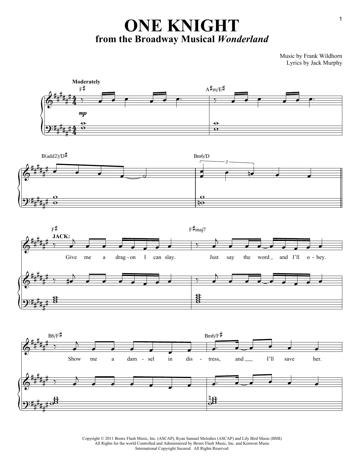 Download Frank Wildhorn One Knight (from Wonderland The Musical) Sheet Music and learn how to play Piano & Vocal PDF digital score in minutes