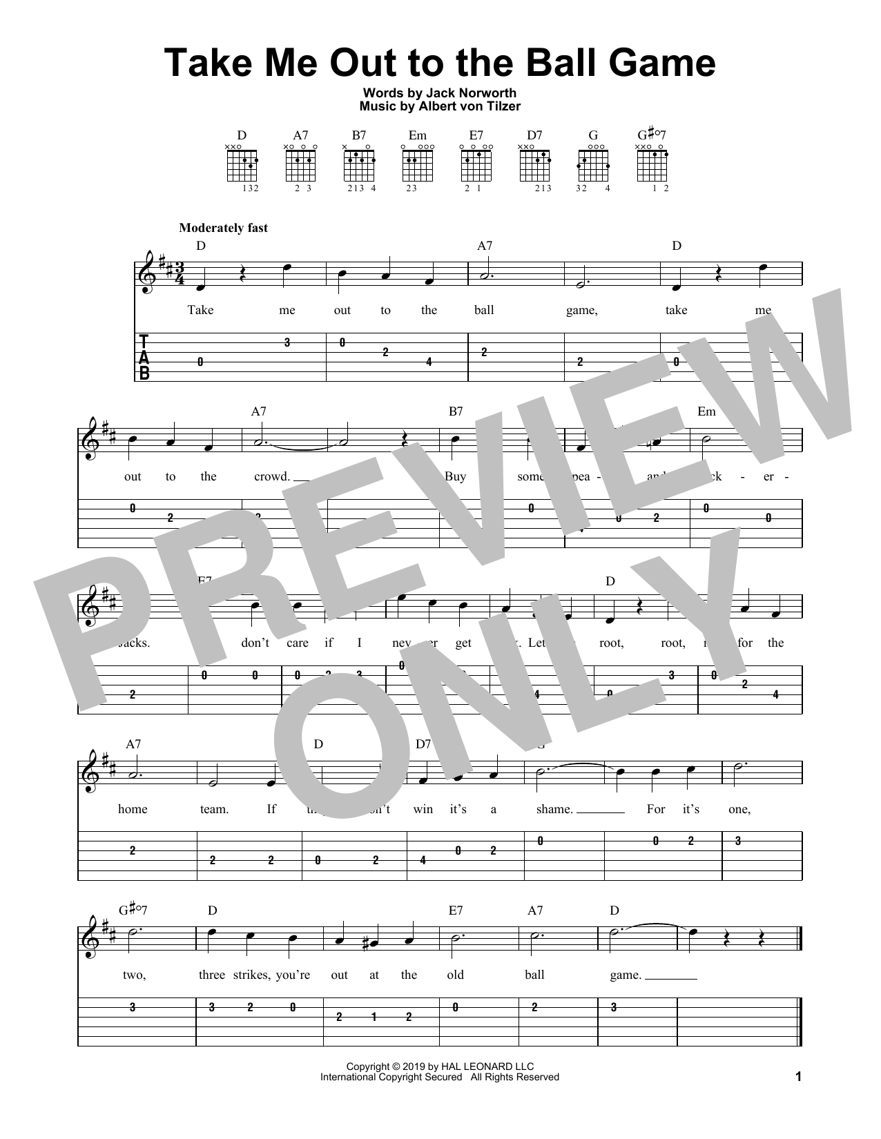 Download Jack Norworth and Albert von Tilzer Take Me Out To The Ball Game Sheet Music and learn how to play Easy Guitar Tab PDF digital score in minutes