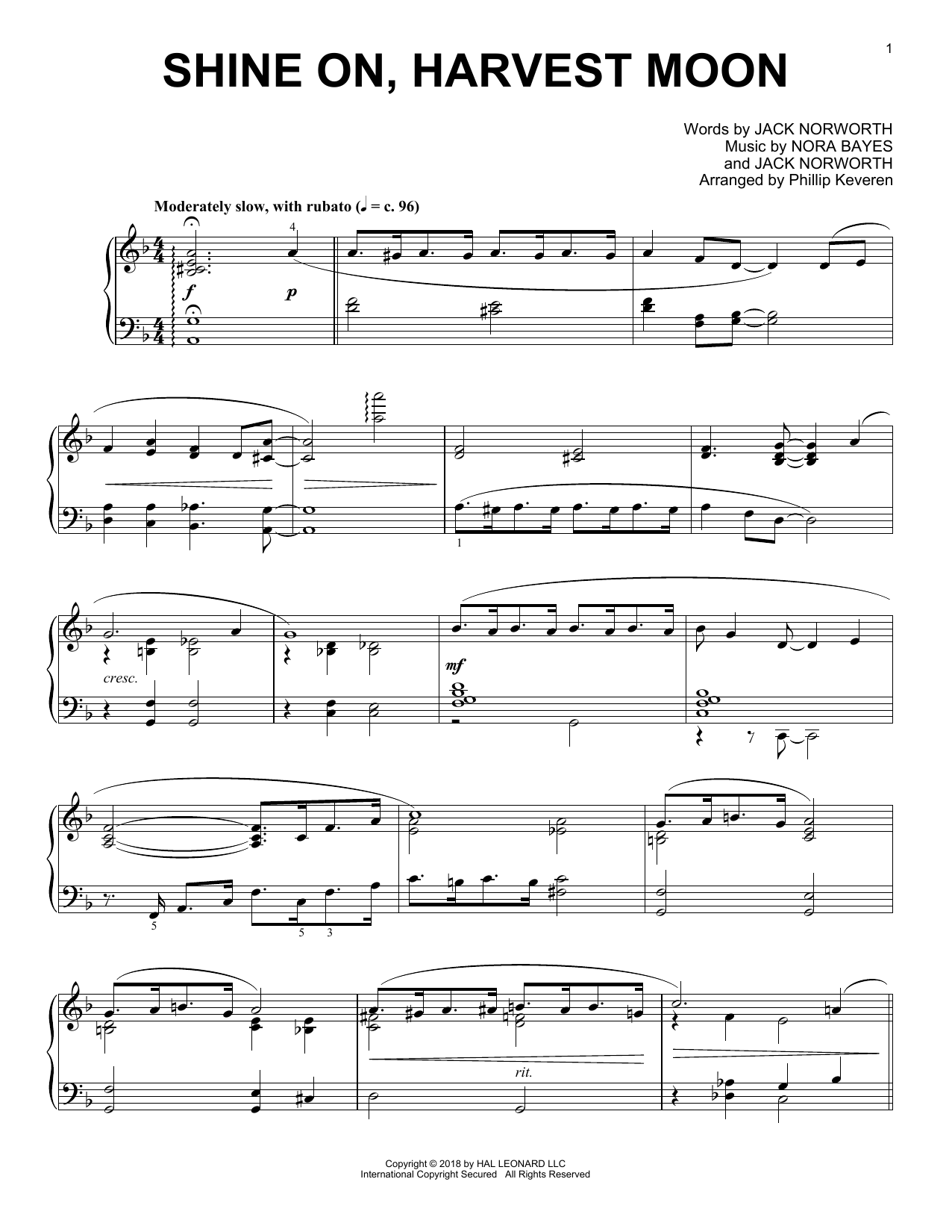 Download Jack Norworth Shine On, Harvest Moon [Jazz version] (arr. Phillip Keveren) Sheet Music and learn how to play Piano Solo PDF digital score in minutes