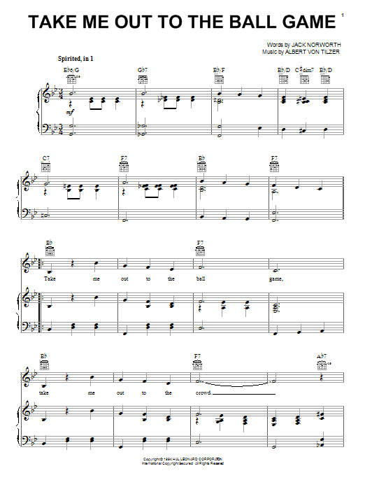Download Jack Norworth Take Me Out To The Ball Game Sheet Music and learn how to play Piano, Vocal & Guitar (Right-Hand Melody) PDF digital score in minutes