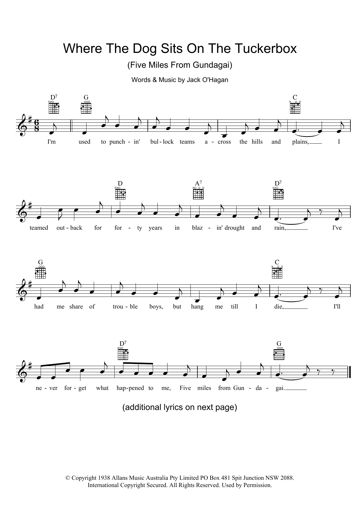 Download Jack O'Hagan Where The Dog Sits On The Tuckerbox (Five Miles From Gundagai) Sheet Music and learn how to play Melody Line, Lyrics & Chords PDF digital score in minutes