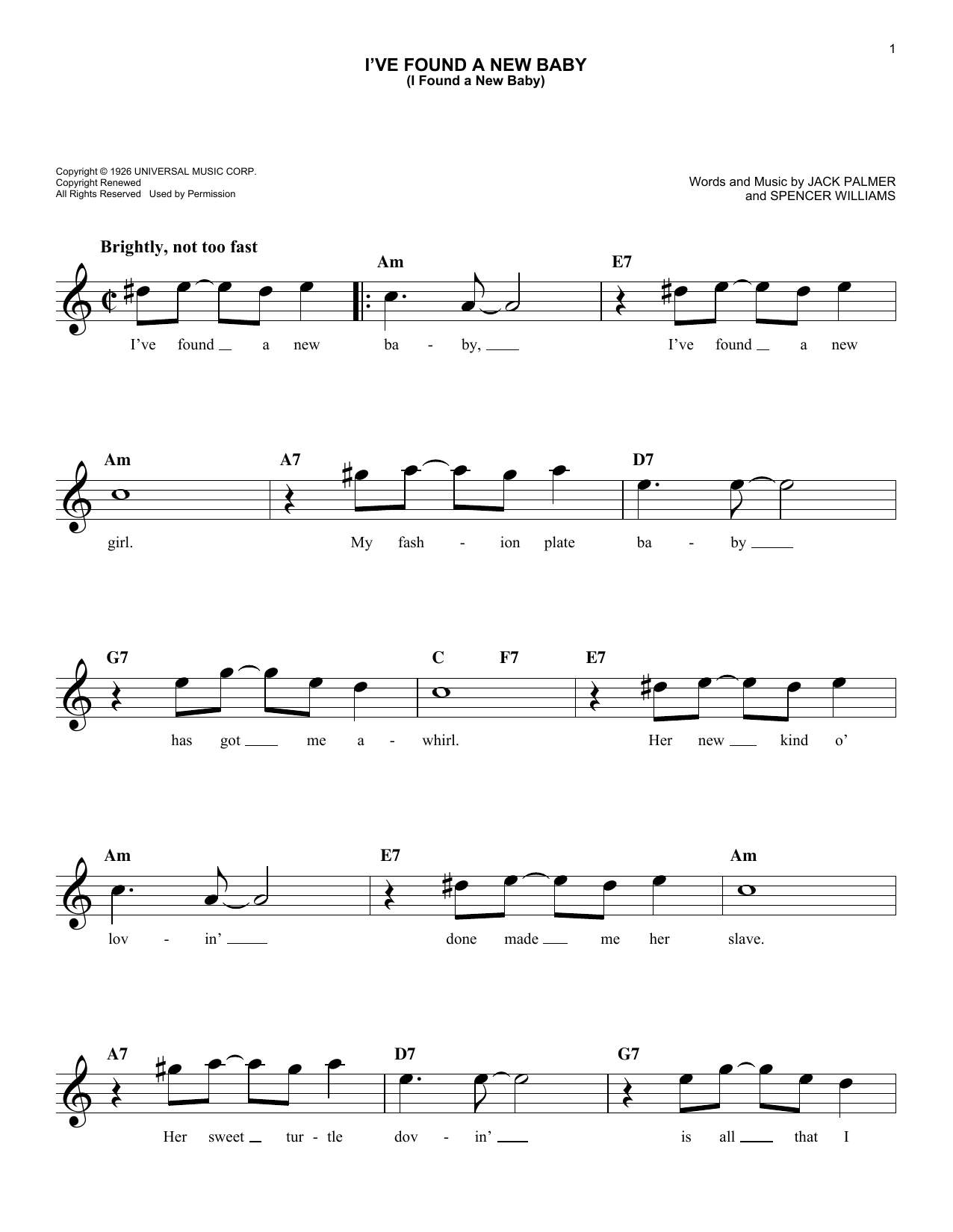 Download Jack Palmer I've Found A New Baby (I Found A New Baby) Sheet Music and learn how to play Melody Line, Lyrics & Chords PDF digital score in minutes