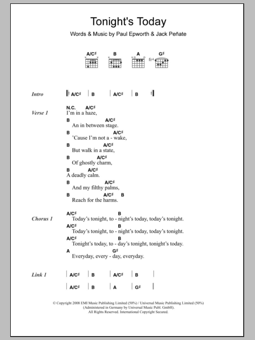 Download Jack Peñate Tonight's Today Sheet Music and learn how to play Lyrics & Chords PDF digital score in minutes