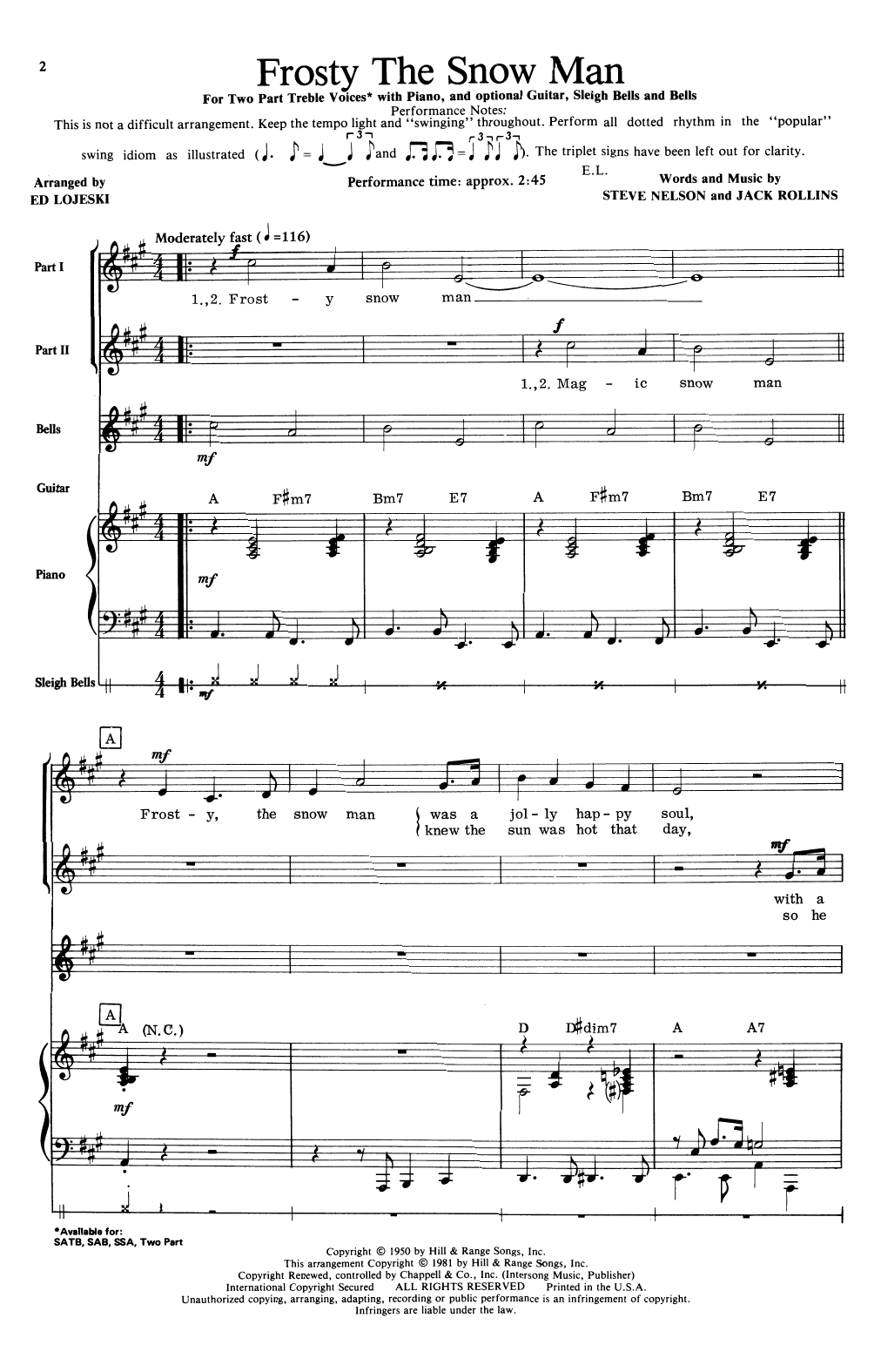 Download Jack Rollins & Steve Nelson Frosty The Snow Man (arr. Ed Lojeski) Sheet Music and learn how to play SSA Choir PDF digital score in minutes