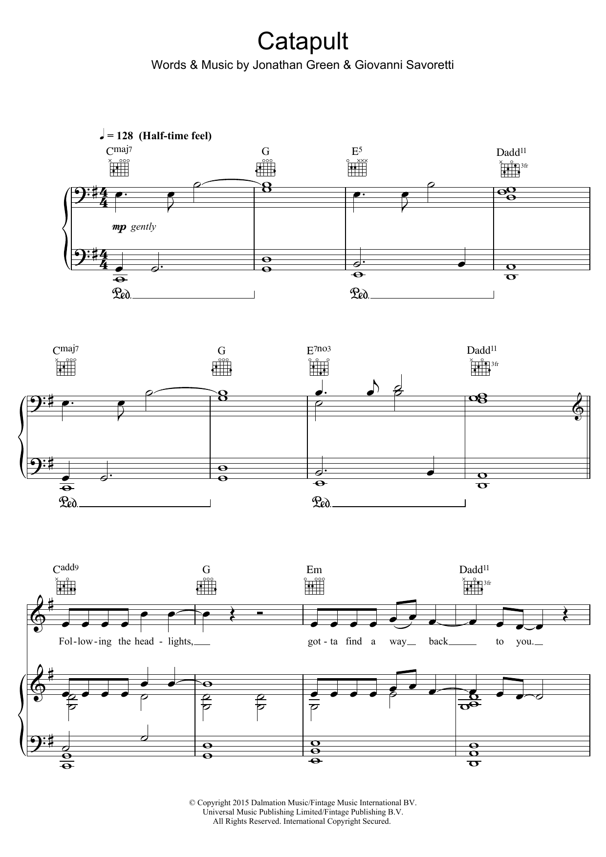 Download Jack Savoretti Catapult Sheet Music and learn how to play Piano, Vocal & Guitar (Right-Hand Melody) PDF digital score in minutes