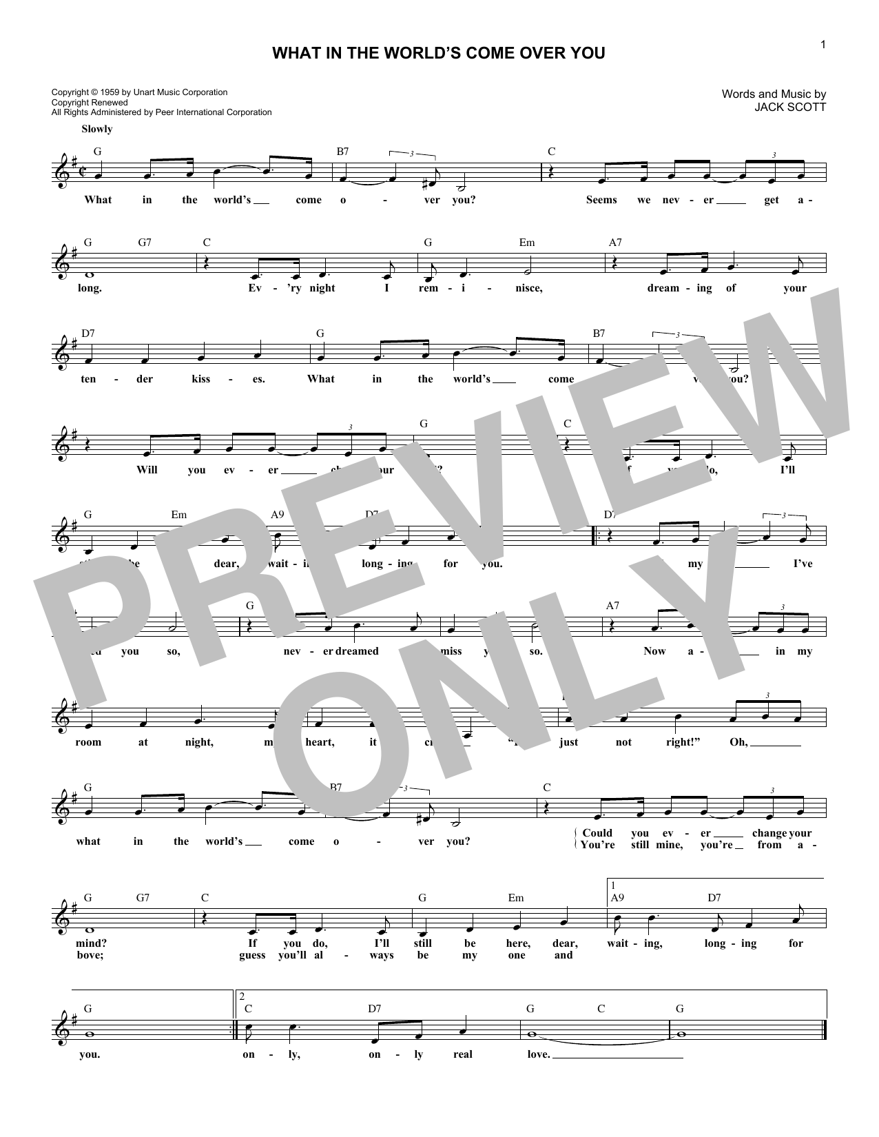 Download Jack Scott What In The World's Come Over You Sheet Music and learn how to play Melody Line, Lyrics & Chords PDF digital score in minutes