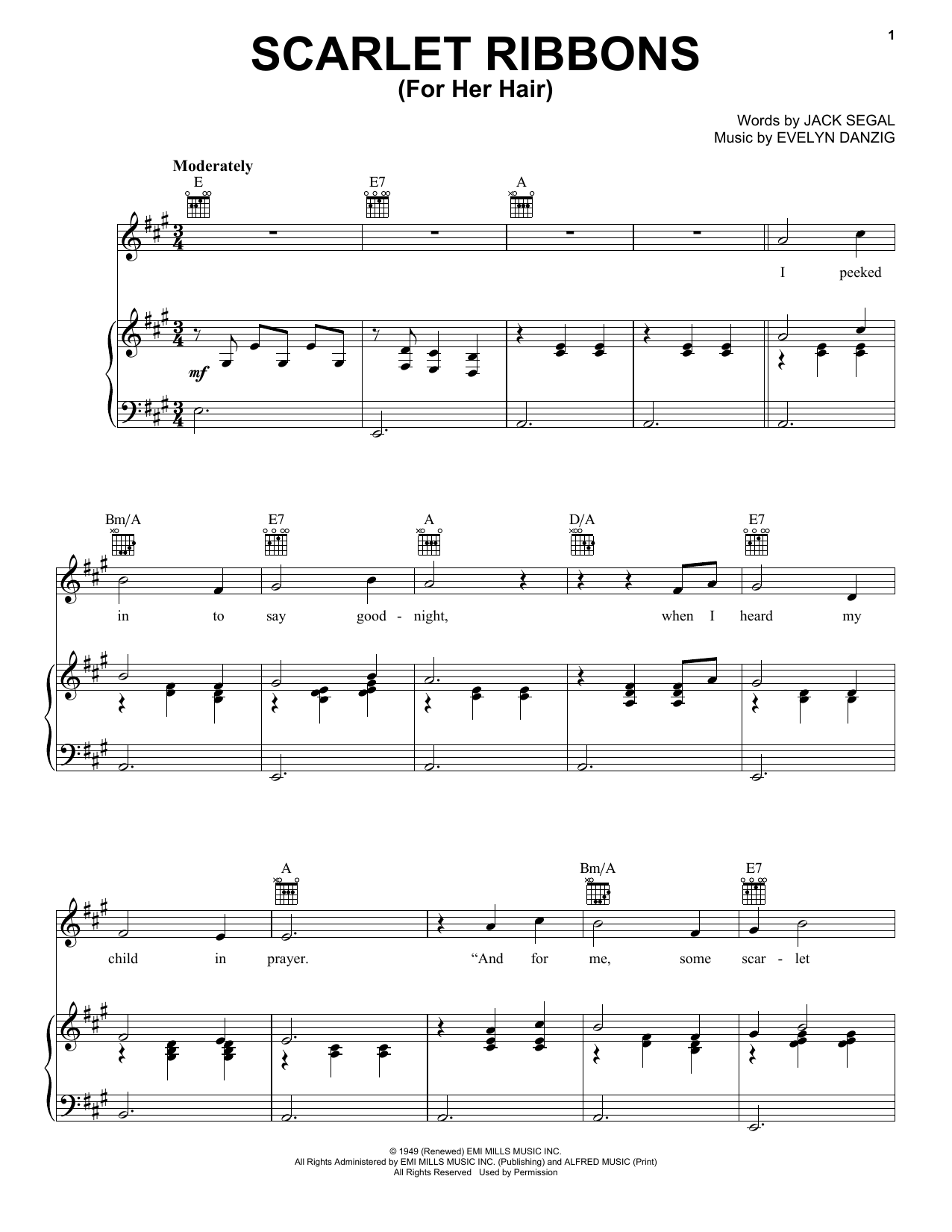Download Evelyn Danzig Scarlet Ribbons (For Her Hair) Sheet Music and learn how to play Piano, Vocal & Guitar (Right-Hand Melody) PDF digital score in minutes