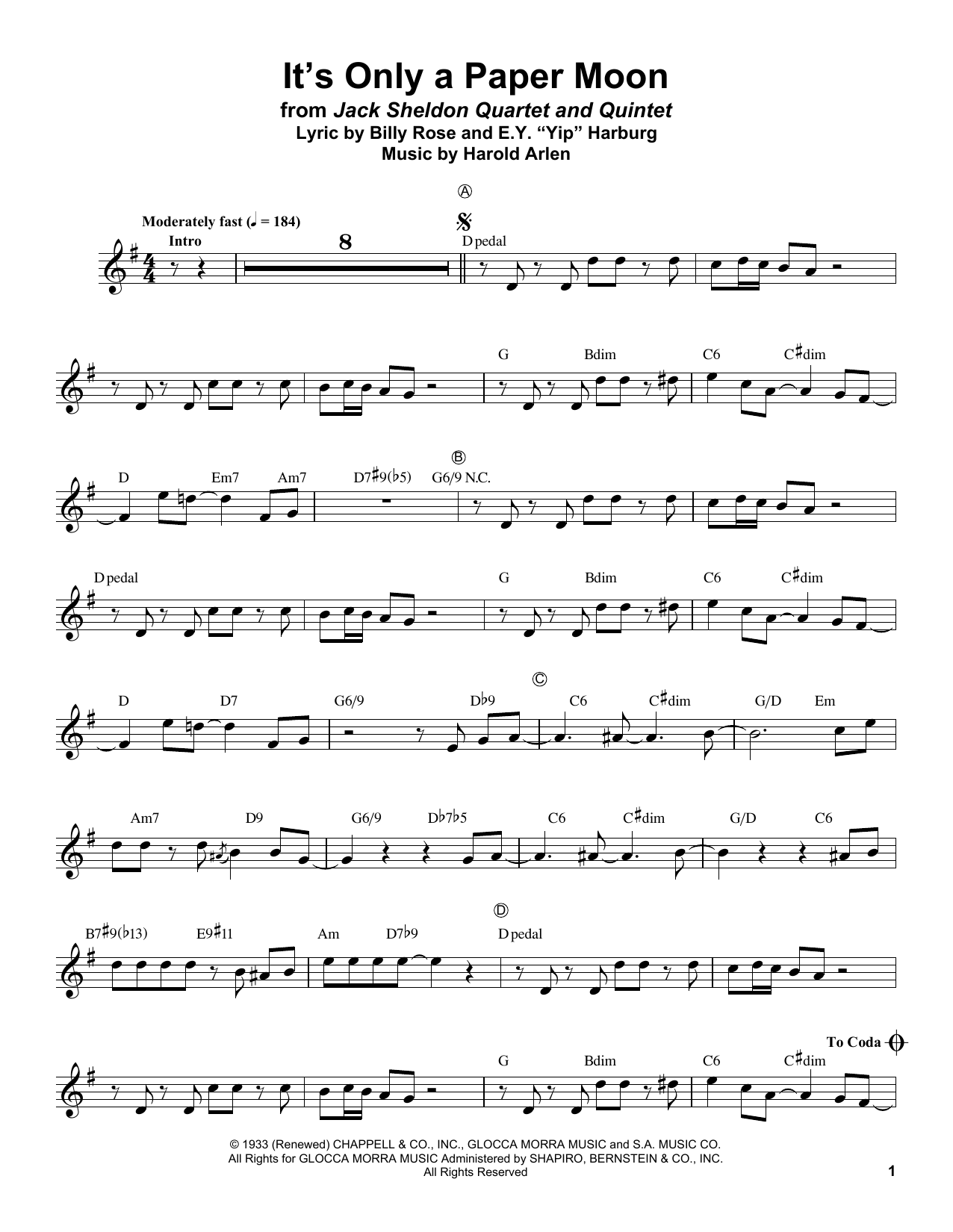 Download Harold Arlen It's Only A Paper Moon Sheet Music and learn how to play Trumpet Transcription PDF digital score in minutes