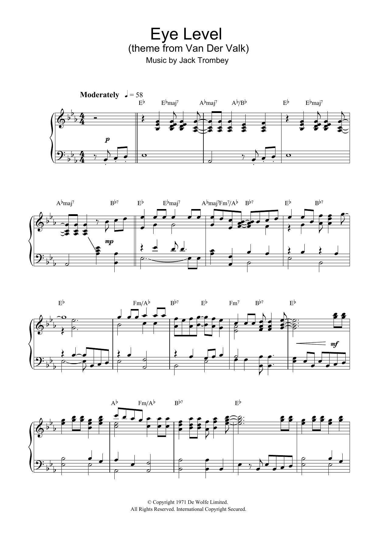 Download Simon Park Orchestra Eye Level (theme from Van Der Valk) Sheet Music and learn how to play Piano PDF digital score in minutes