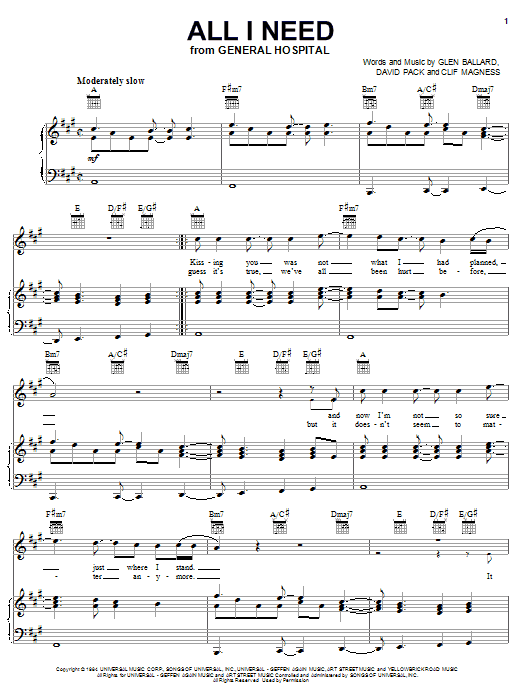 Download Jack Wagner All I Need Sheet Music and learn how to play Piano, Vocal & Guitar (Right-Hand Melody) PDF digital score in minutes