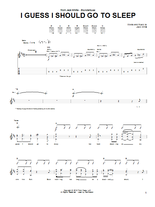 Download Jack White I Guess I Should Go To Sleep Sheet Music and learn how to play Guitar Tab PDF digital score in minutes