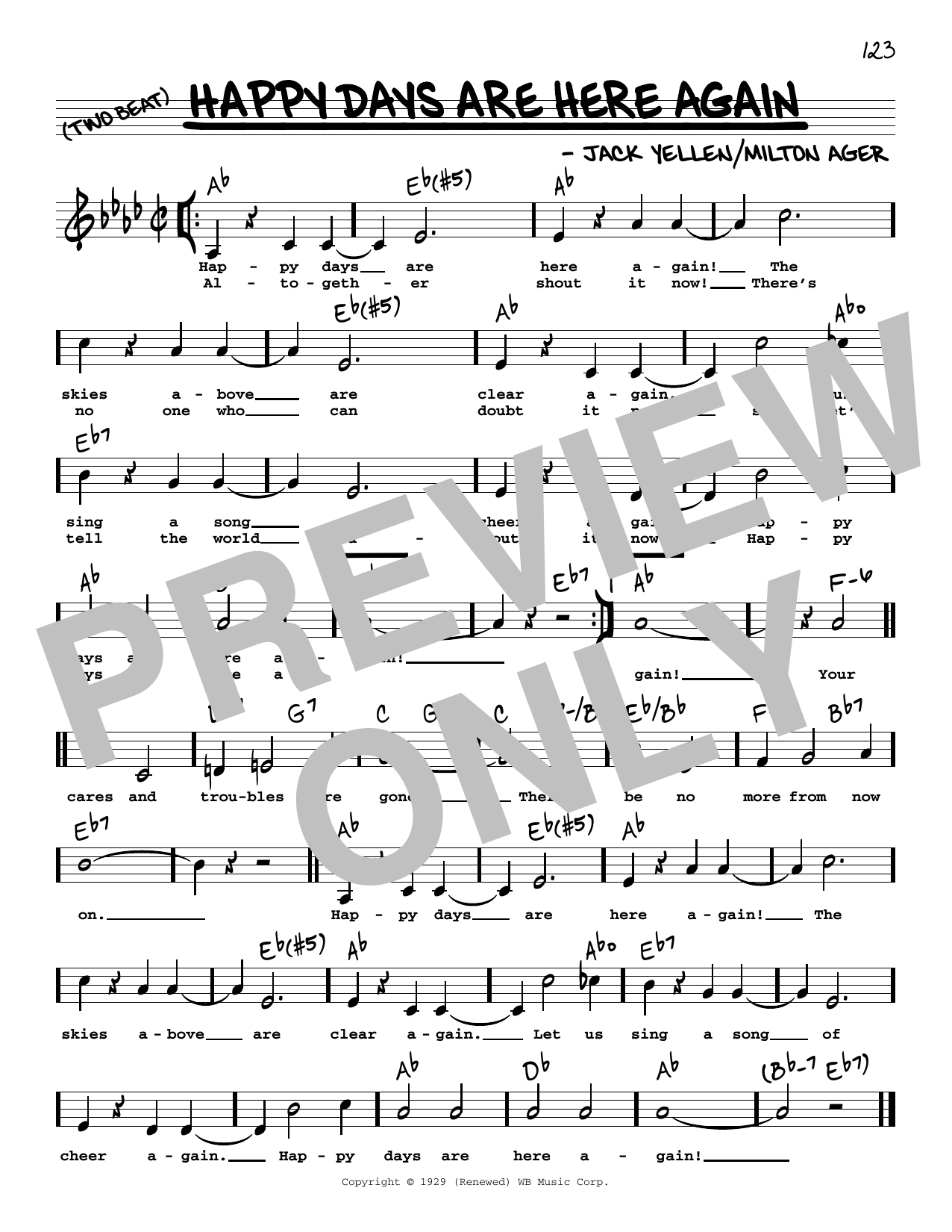 Download Jack Yellen and Milton Ager Happy Days Are Here Again (Low Voice) Sheet Music and learn how to play Real Book – Melody, Lyrics & Chords PDF digital score in minutes