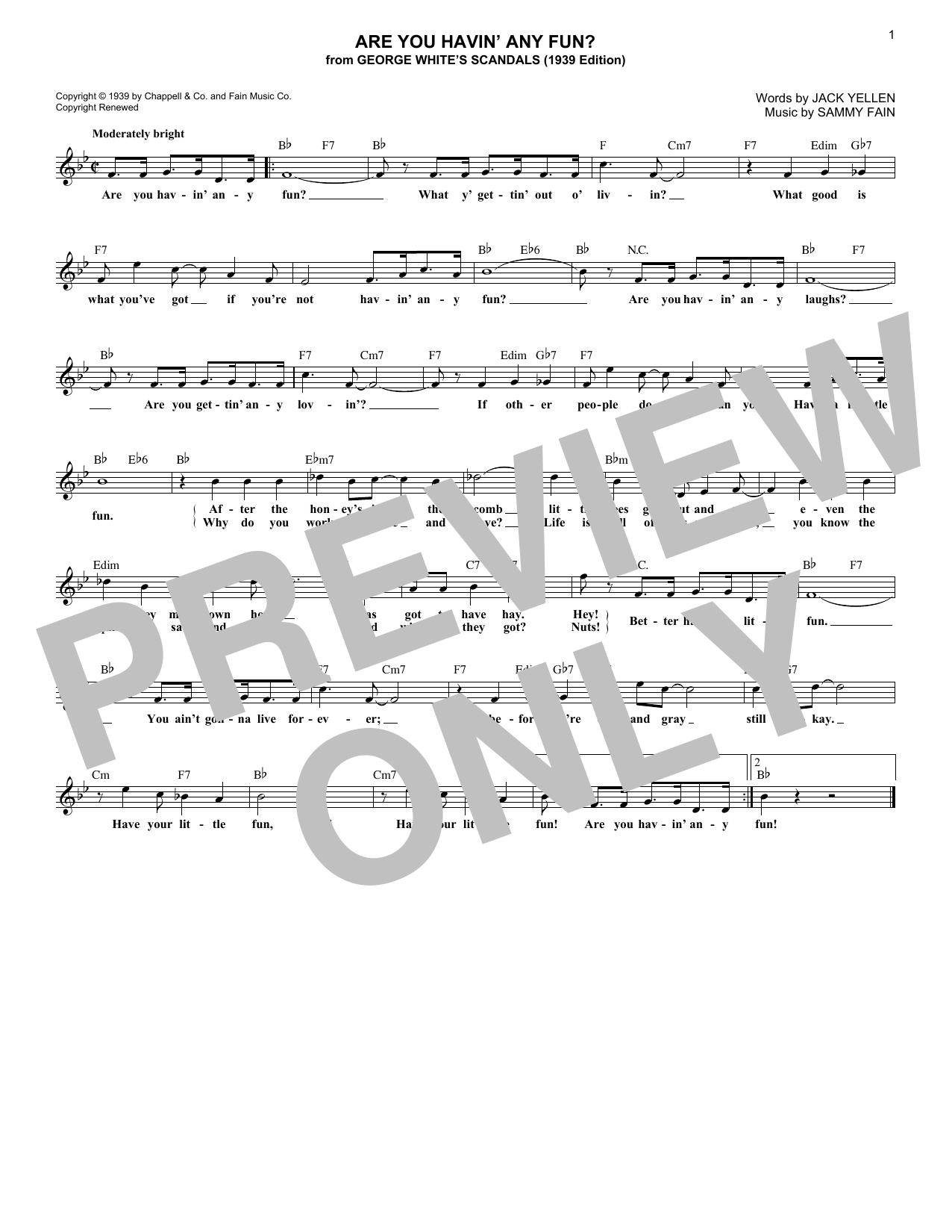 Download Jack Yellen Are You Havin' Any Fun? Sheet Music and learn how to play Melody Line, Lyrics & Chords PDF digital score in minutes