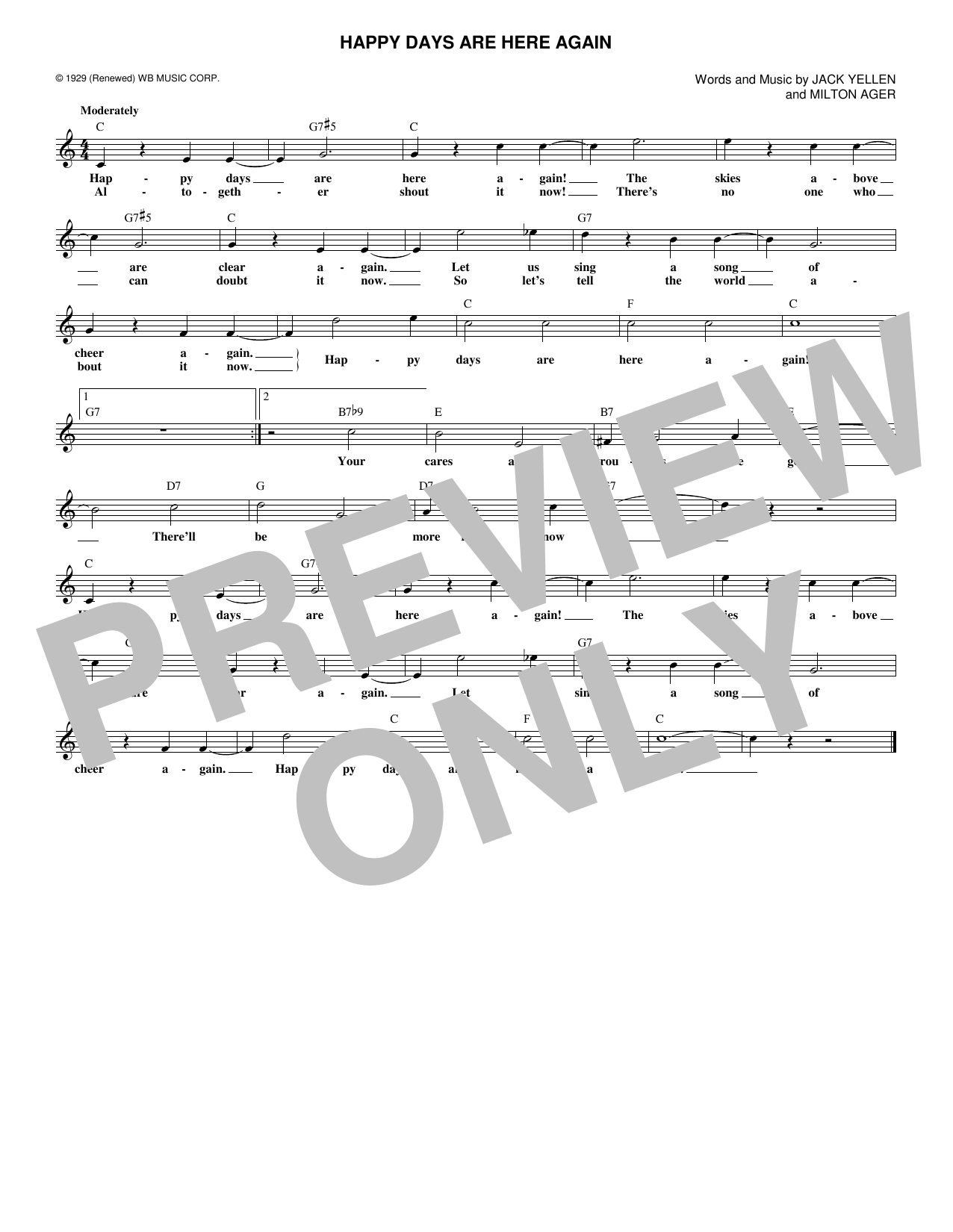 Download Jack Yellen Happy Days Are Here Again Sheet Music and learn how to play Melody Line, Lyrics & Chords PDF digital score in minutes