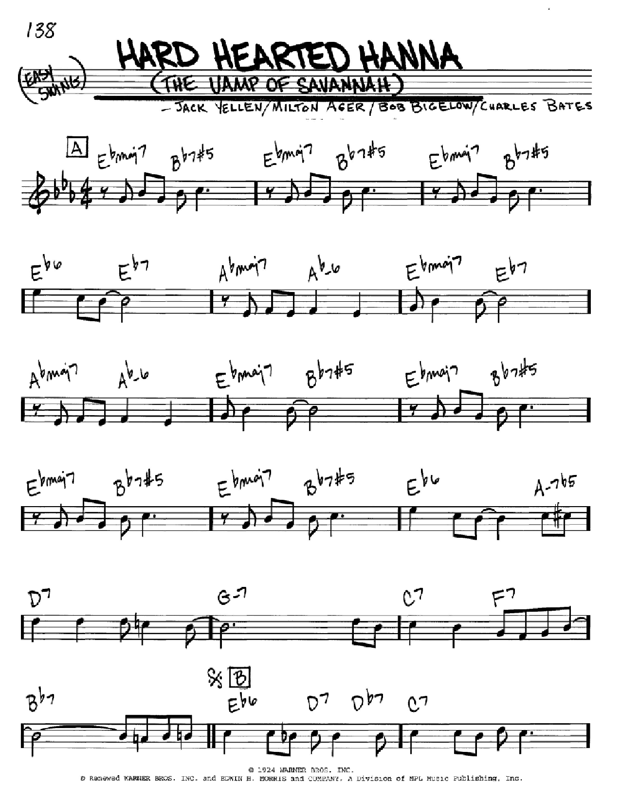 Download Jack Yellen Hard Hearted Hannah (The Vamp Of Savannah) Sheet Music and learn how to play Real Book – Melody & Chords – C Instruments PDF digital score in minutes