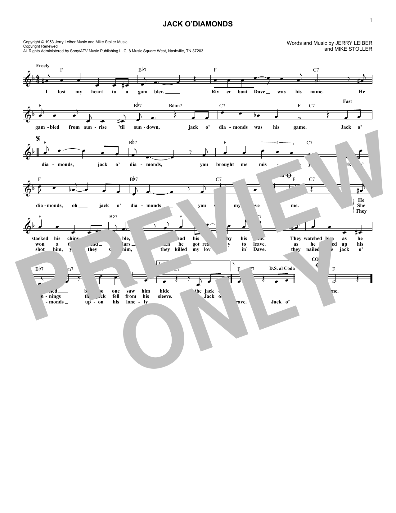 Download Jacki Fontaine Jack O'Diamonds Sheet Music and learn how to play Melody Line, Lyrics & Chords PDF digital score in minutes