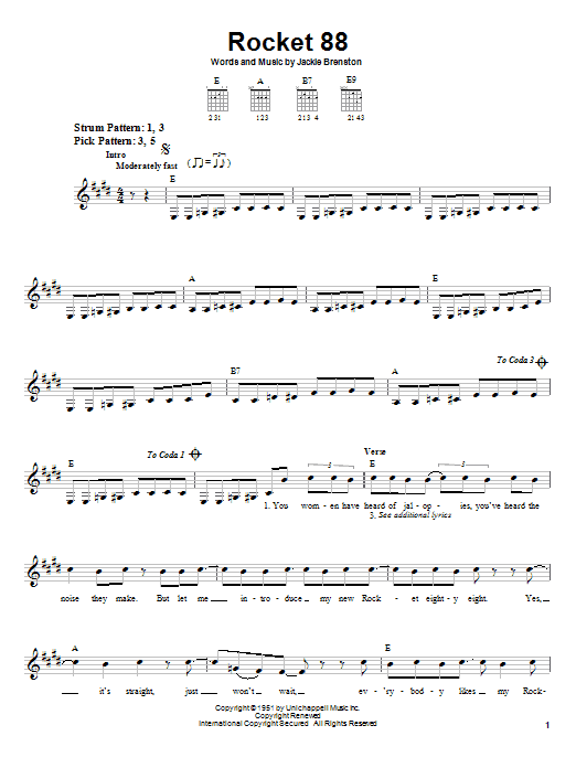 Download Jackie Brenston Rocket 88 Sheet Music and learn how to play Easy Guitar PDF digital score in minutes