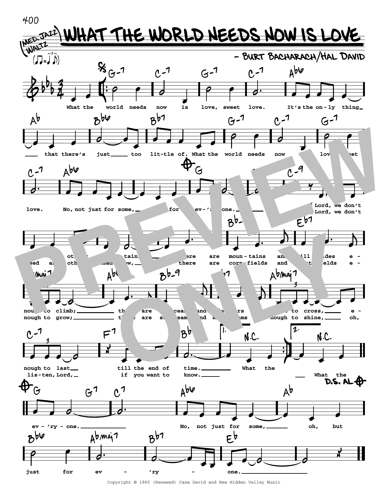 Download Jackie DeShannon What The World Needs Now Is Love (Low Voice) Sheet Music and learn how to play Real Book – Melody, Lyrics & Chords PDF digital score in minutes