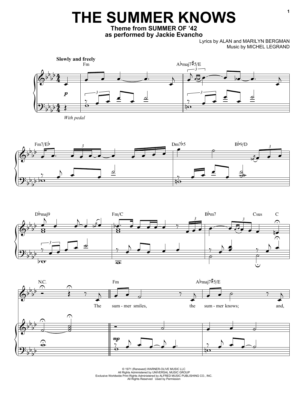 Download Jackie Evancho and Chris Botti The Summer Knows (Theme from Summer Of '42) Sheet Music and learn how to play Piano & Vocal PDF digital score in minutes