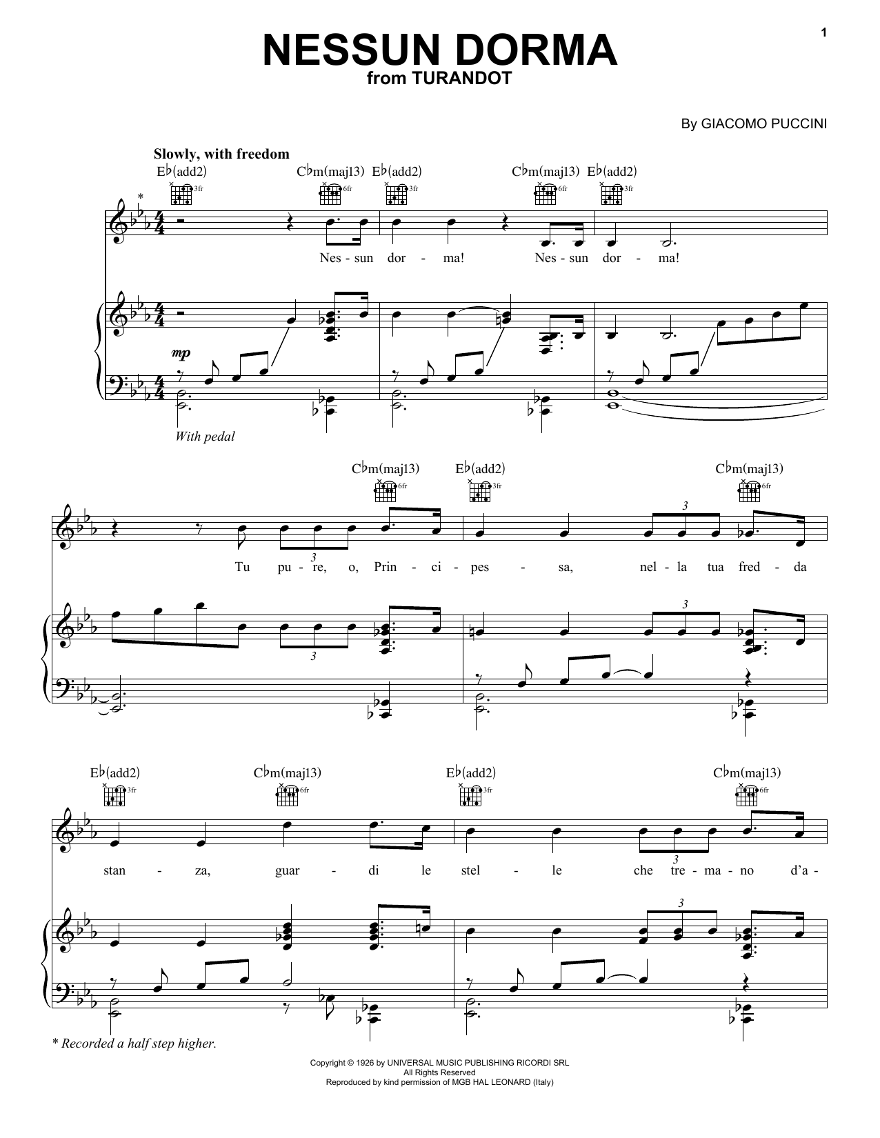 Download Jackie Evancho Nessun Dorma Sheet Music and learn how to play Piano, Vocal & Guitar Chords (Right-Hand Melody) PDF digital score in minutes