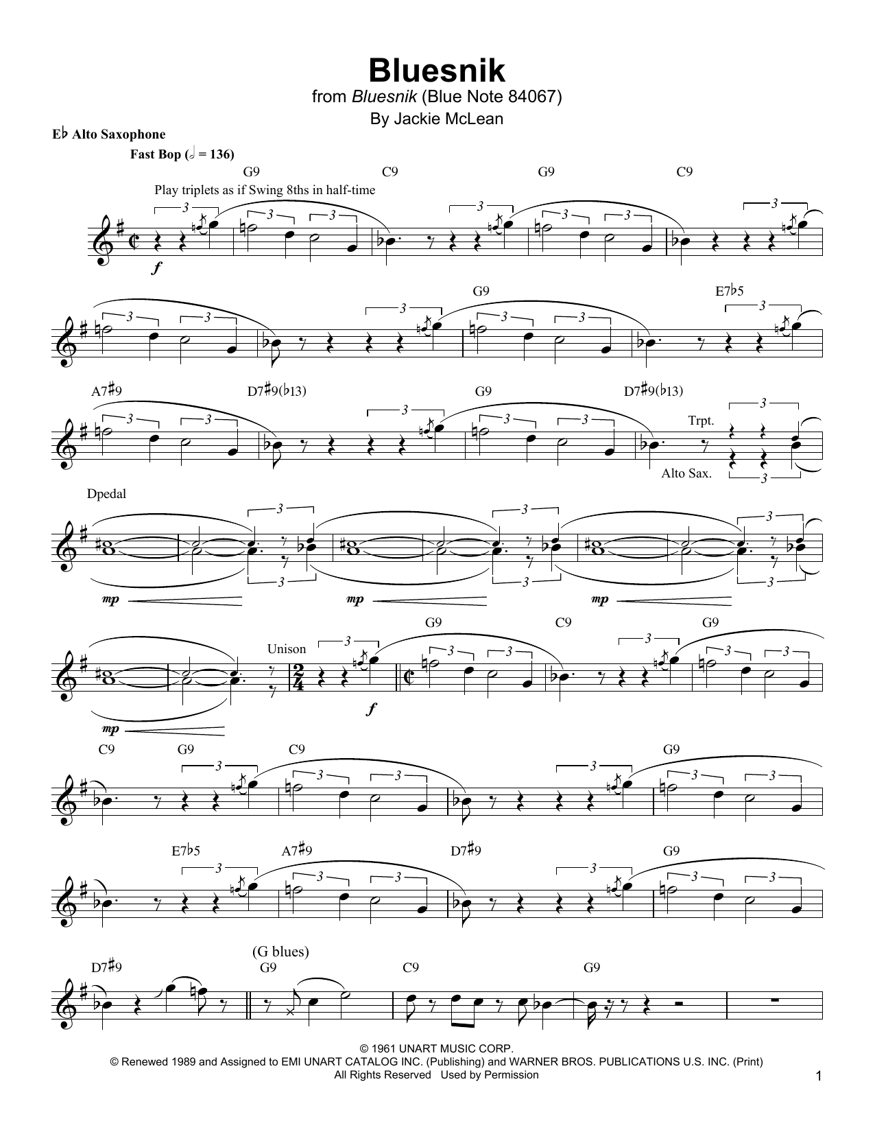 Download Jackie McLean Bluesnik Sheet Music and learn how to play Alto Sax Transcription PDF digital score in minutes