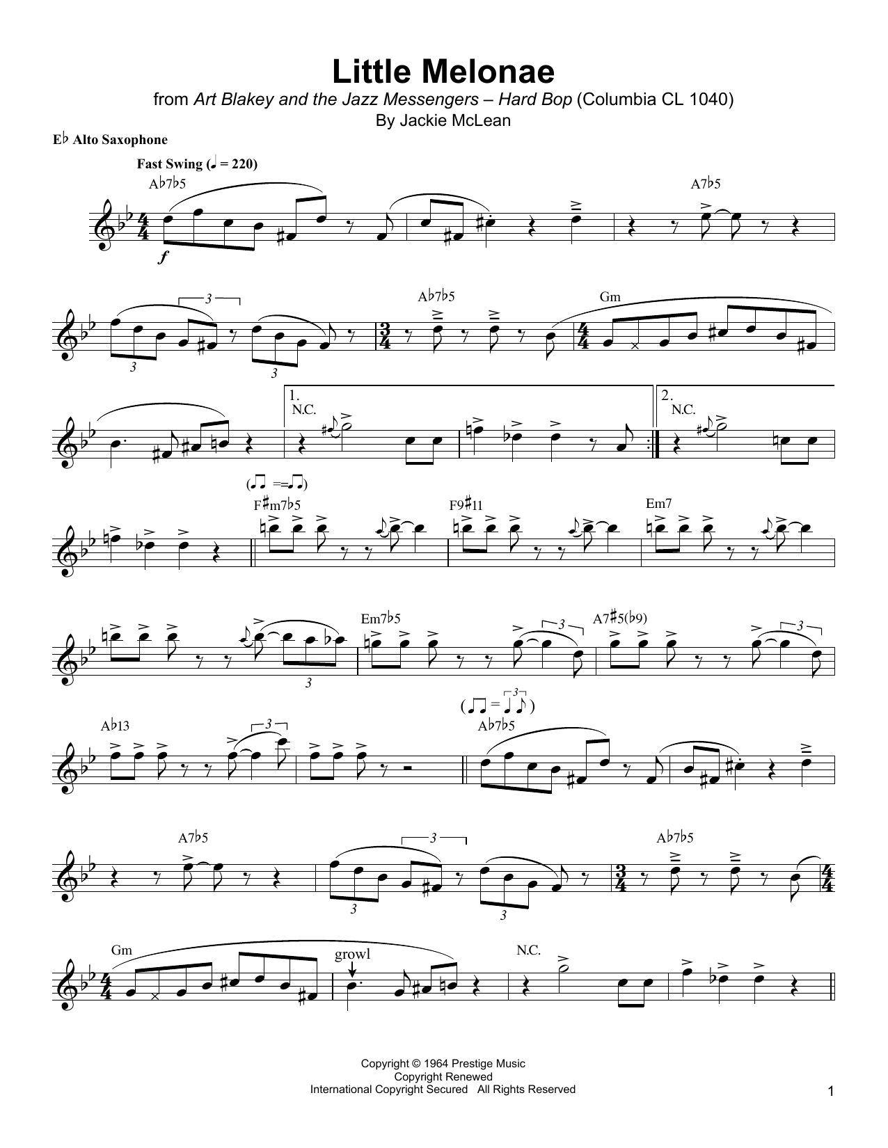 Download Jackie McLean Little Melonae Sheet Music and learn how to play Alto Sax Transcription PDF digital score in minutes