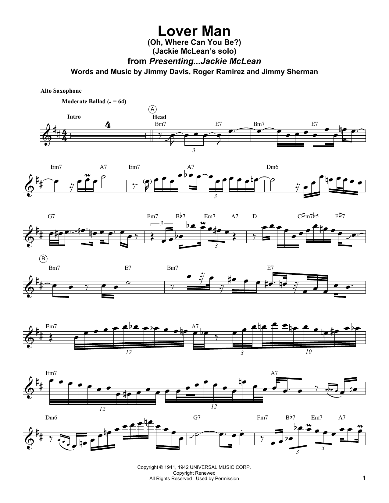 Download Jackie McLean Lover Man (Oh, Where Can You Be?) Sheet Music and learn how to play Alto Sax Transcription PDF digital score in minutes