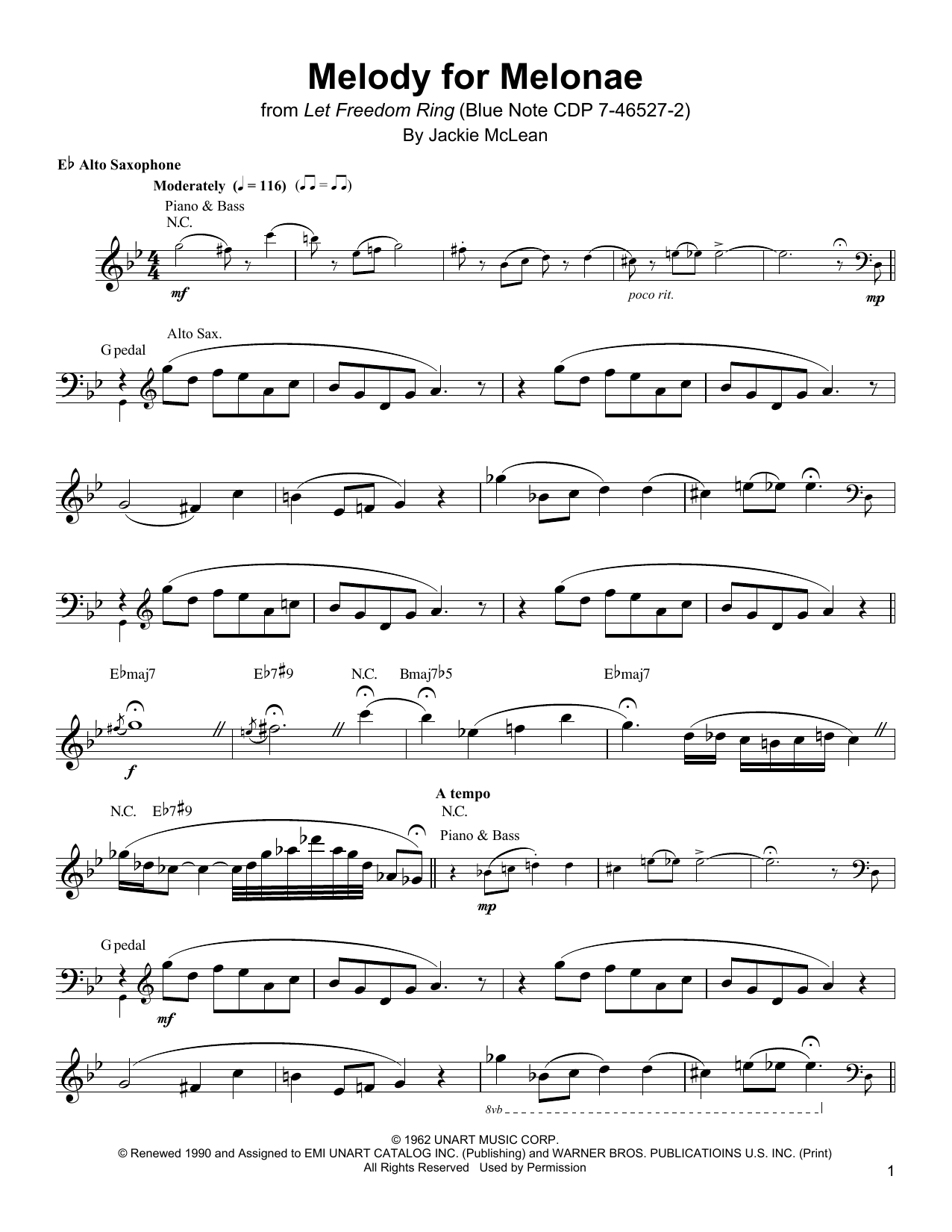 Download Jackie McLean Melody For Melonae Sheet Music and learn how to play Alto Sax Transcription PDF digital score in minutes
